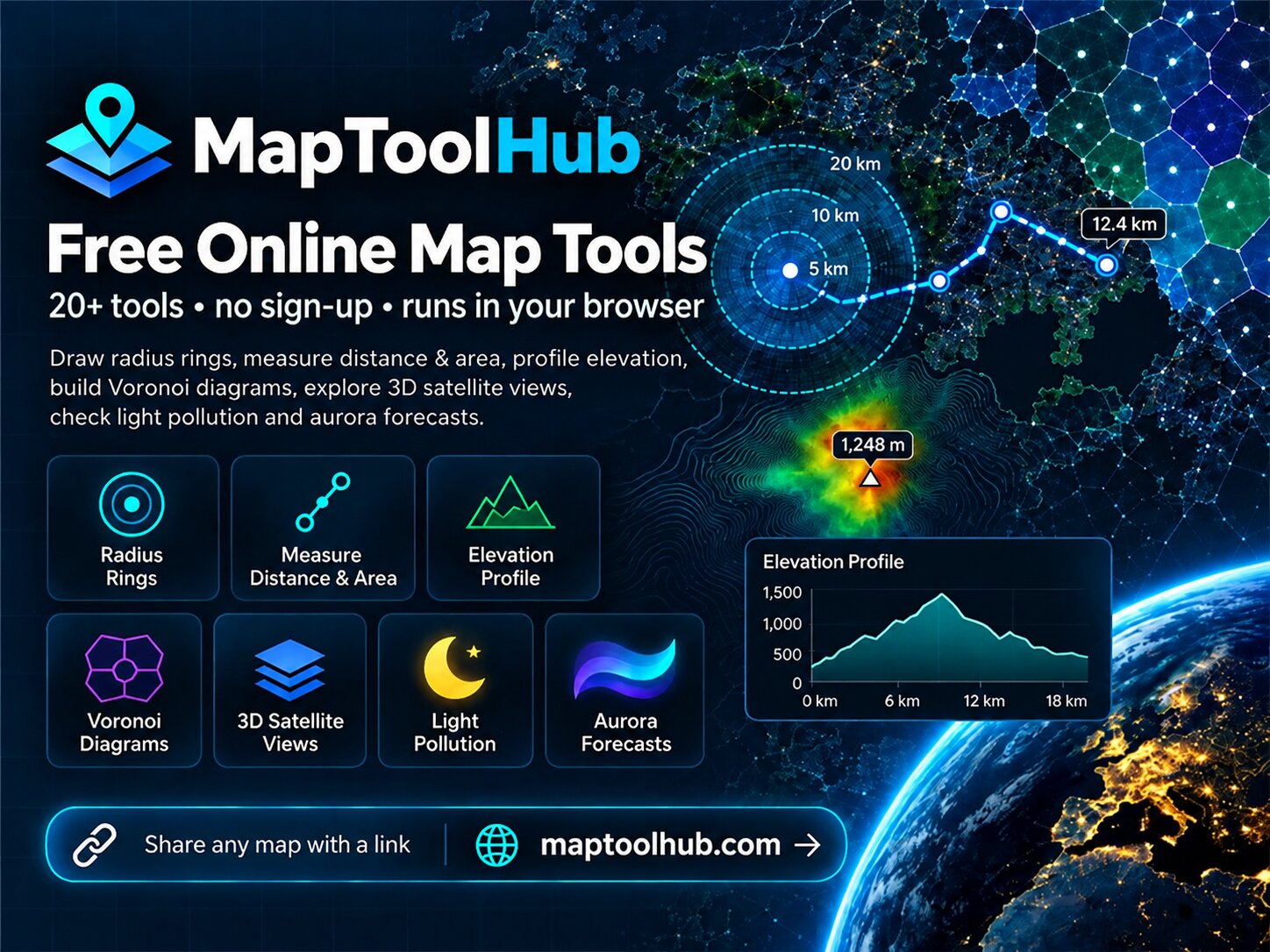 Maptoolhub — free online map tools — Draw radius rings, measure distance and area, profile elevation, build Voronoi diagrams, explore 3D satellite views, check light pollution and aurora forecasts.